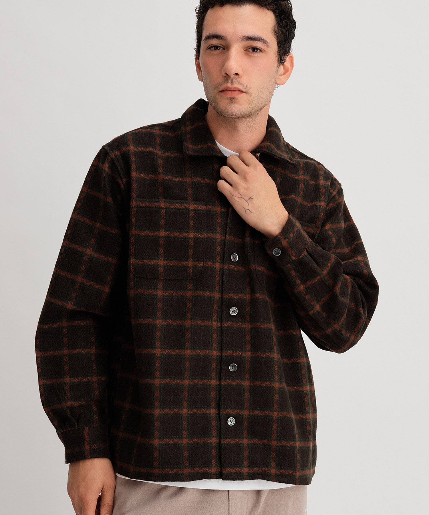 OPEN COLLAR FLANNEL CHECK SHIRTS