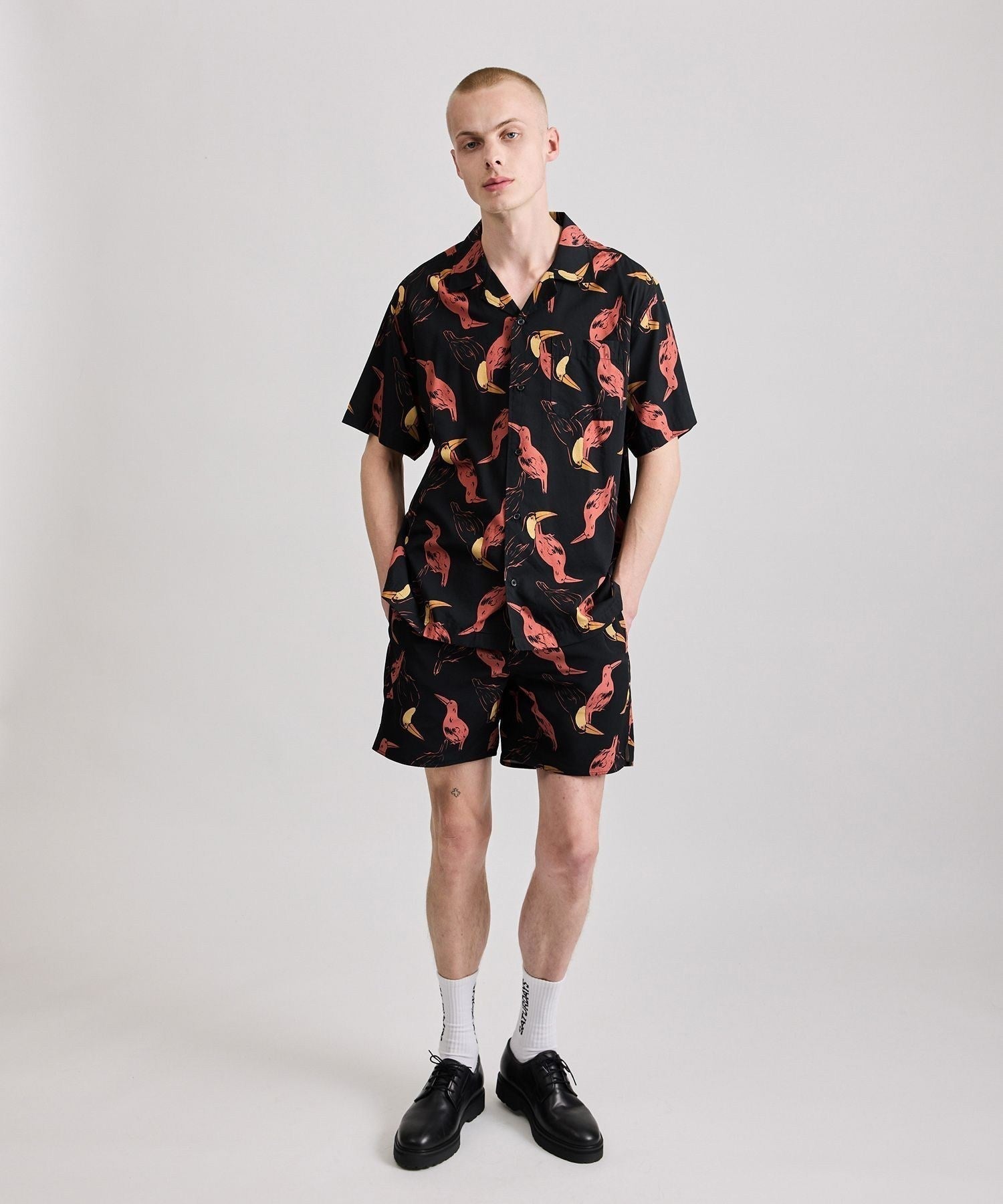Canty Open Collar Bird Printed SS Shirt