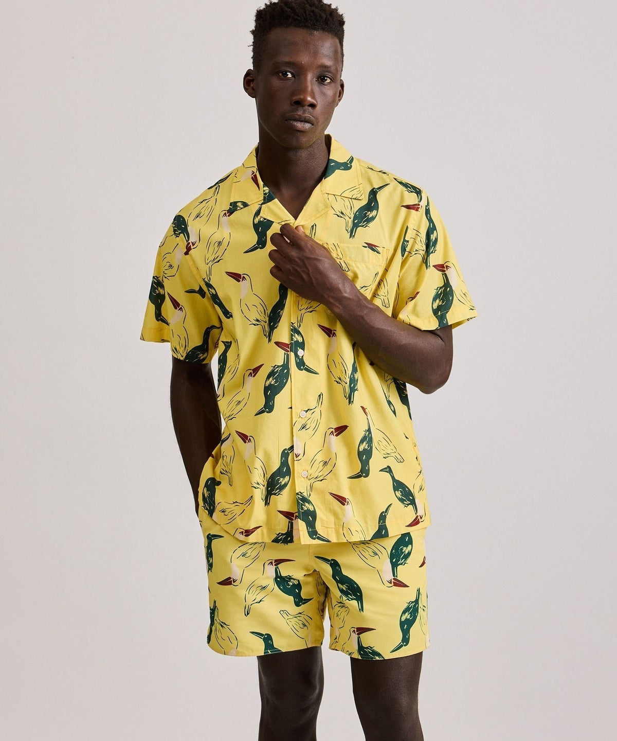 Canty Open Collar Bird Printed SS Shirt