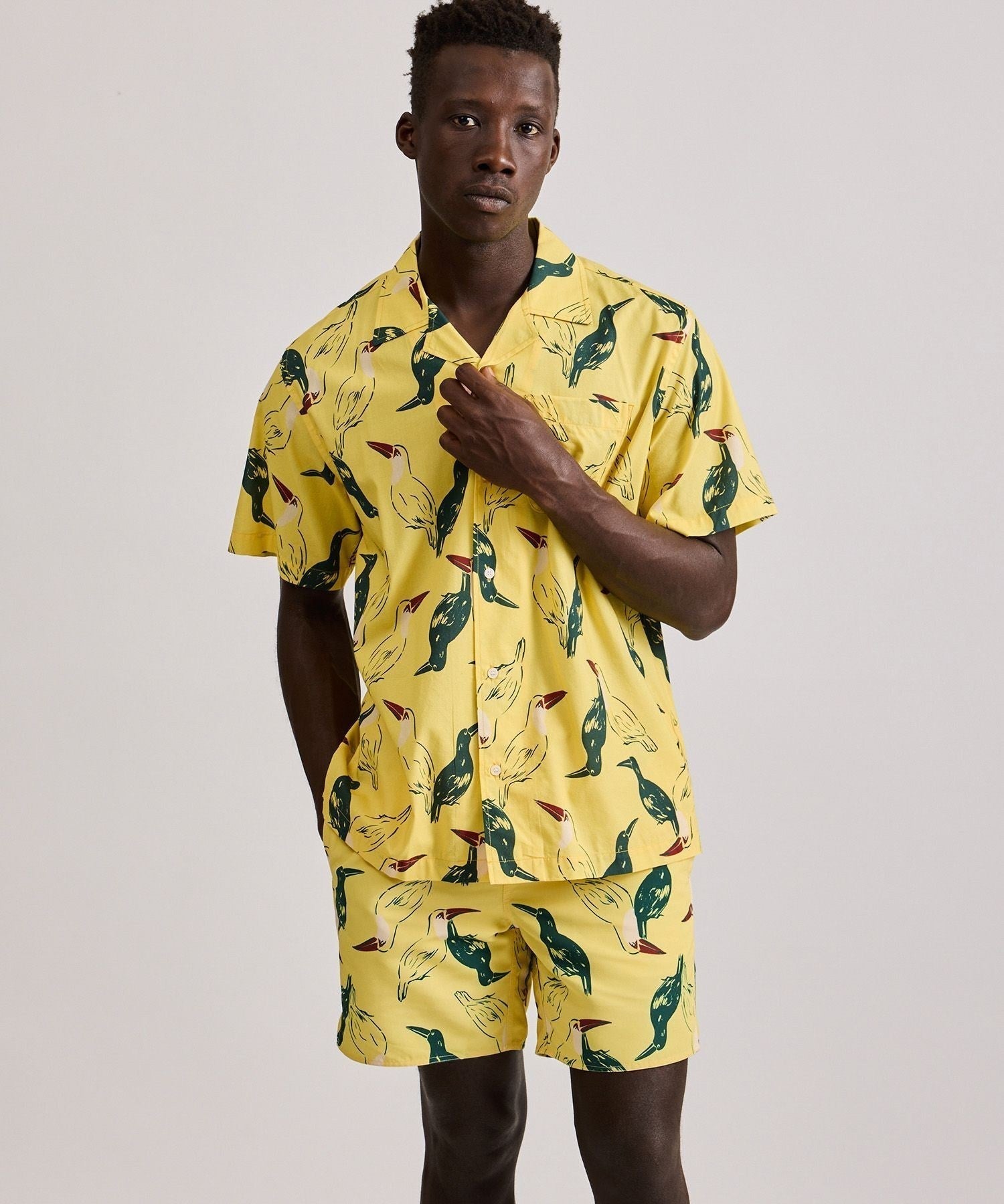 Canty Open Collar Bird Printed SS Shirt