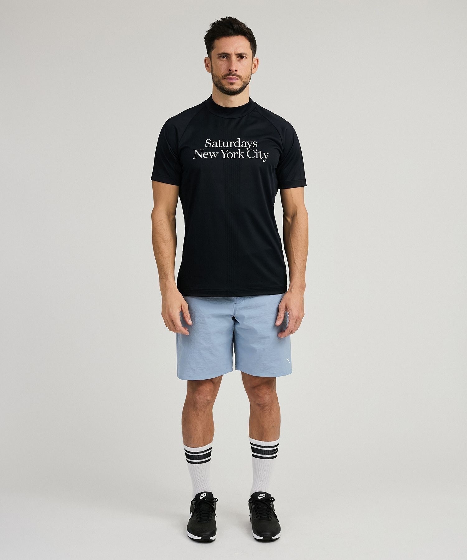 Mesh Jacquard SS Mock Neck