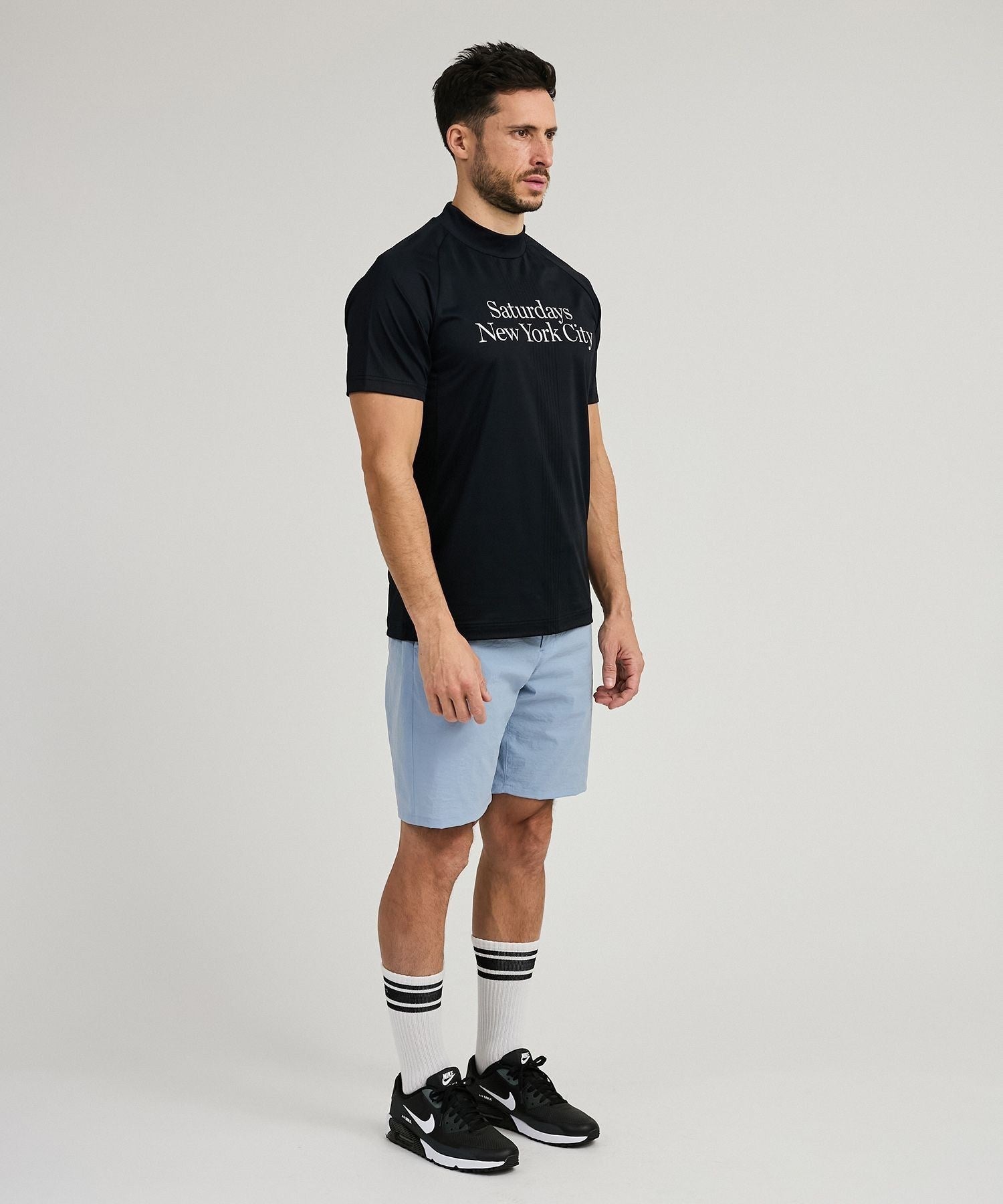 Mesh Jacquard SS Mock Neck
