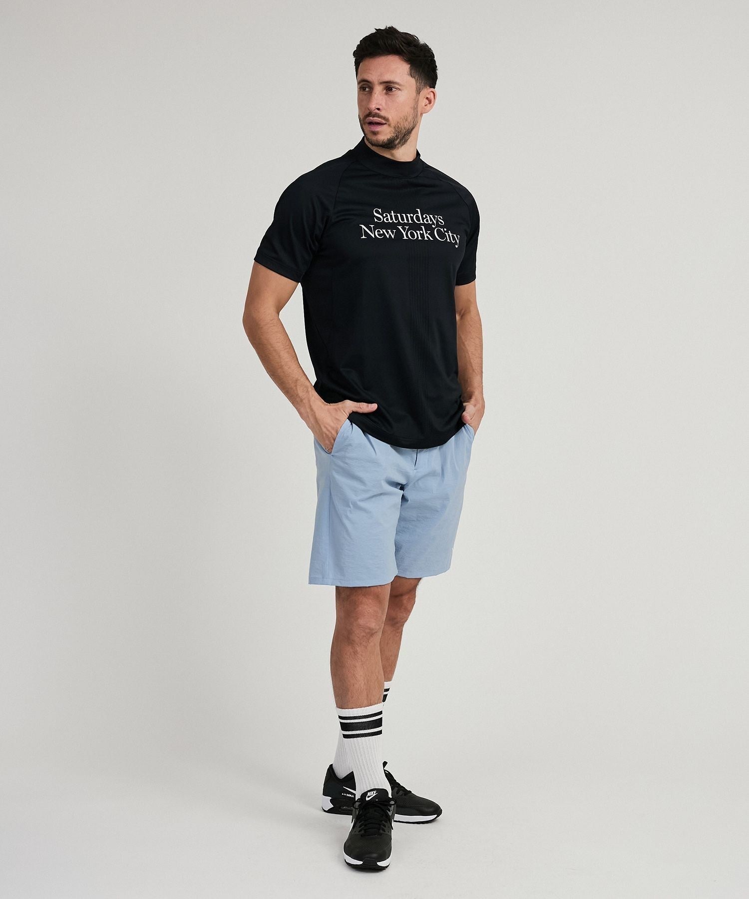 Mesh Jacquard SS Mock Neck