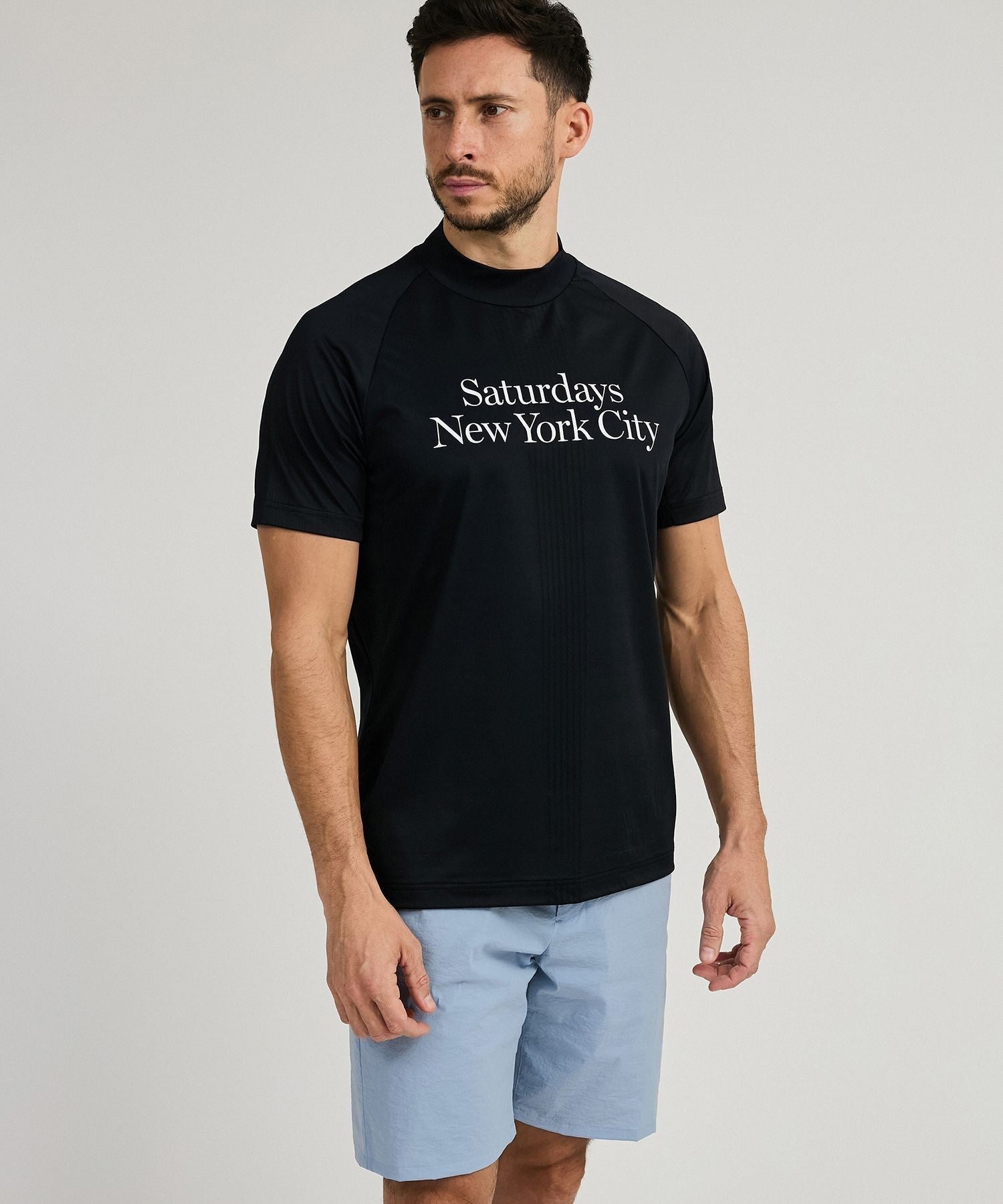 Mesh Jacquard SS Mock Neck