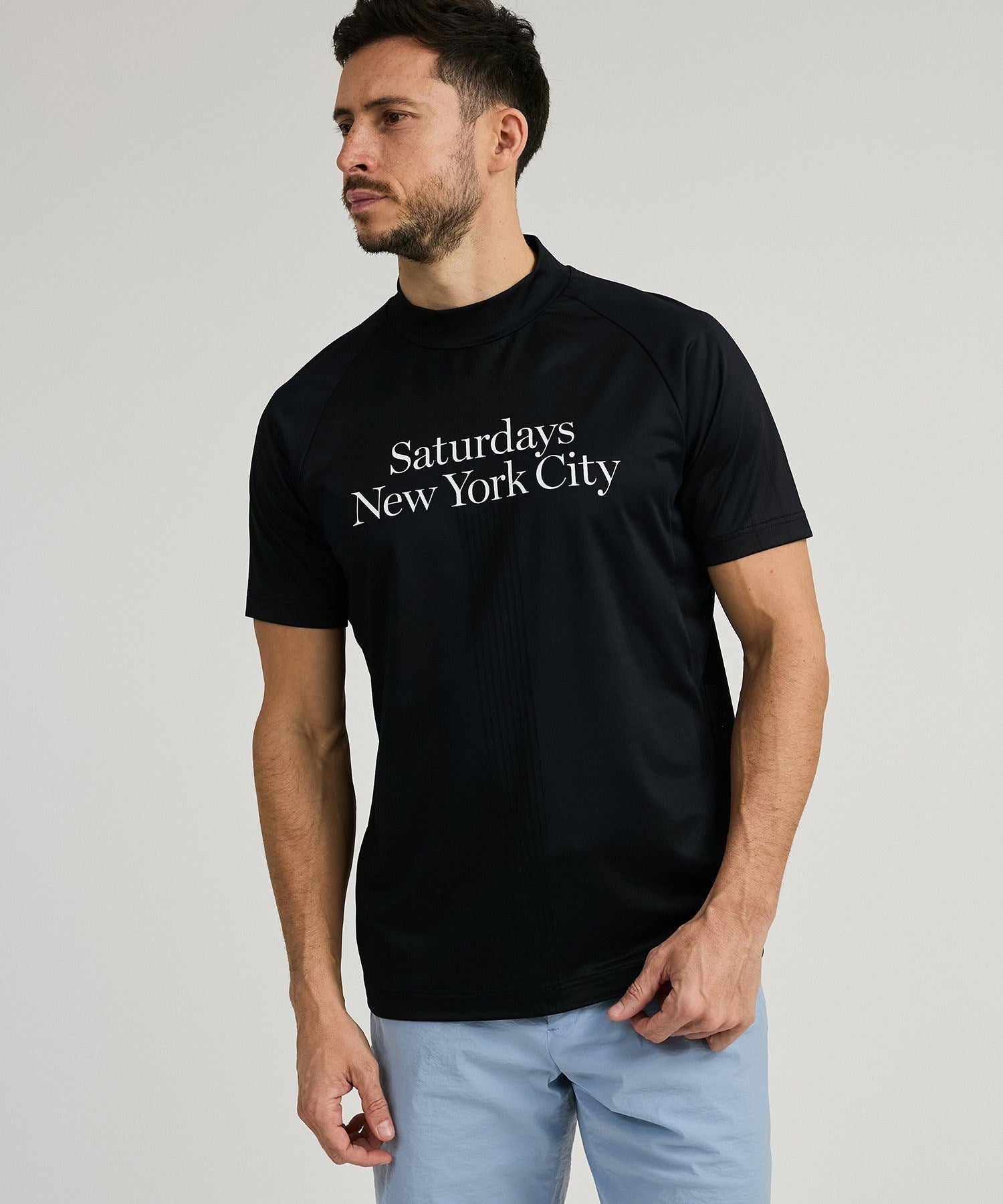 Mesh Jacquard SS Mock Neck