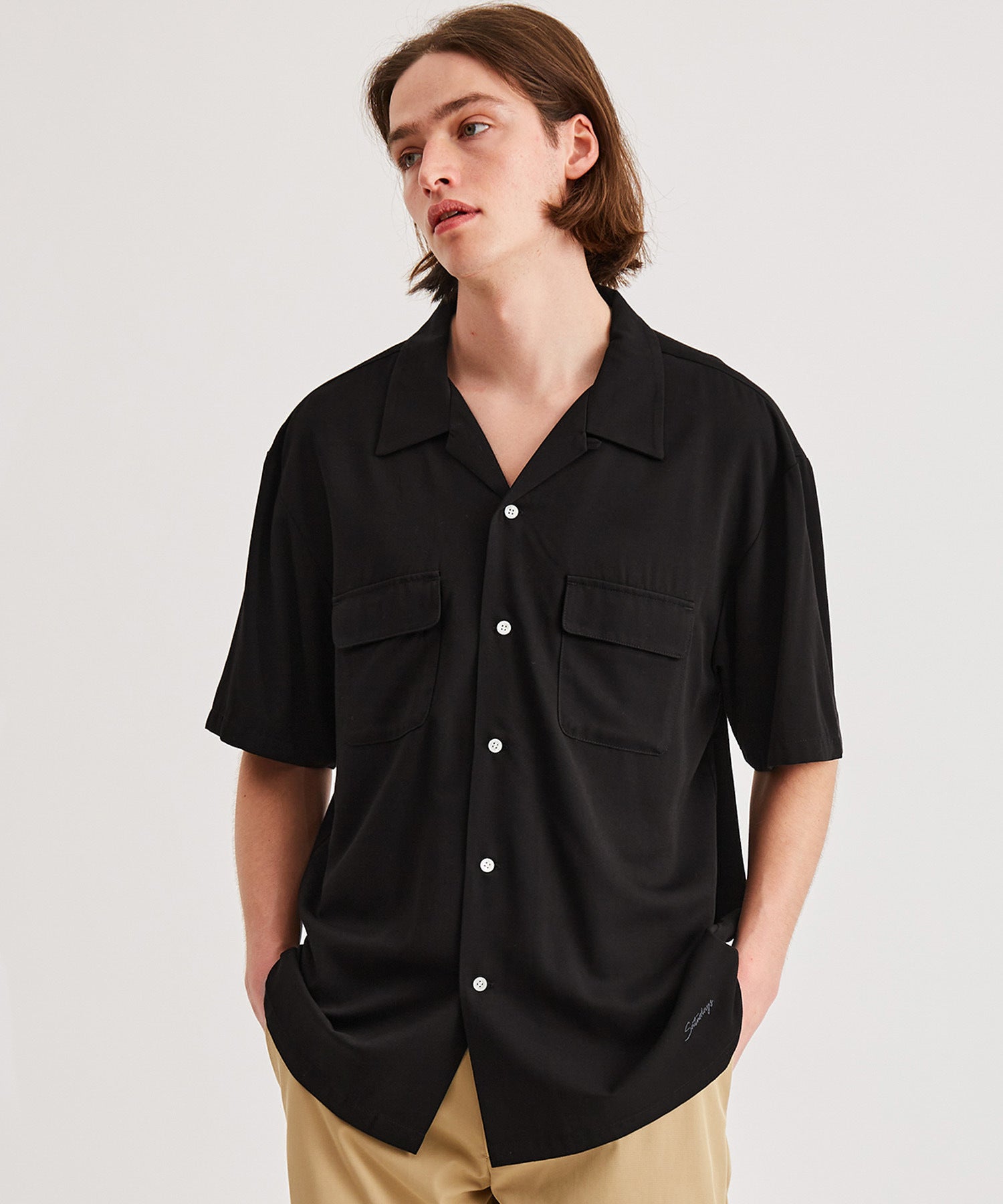 Solid Rayon Open Collar S/S Shirt-