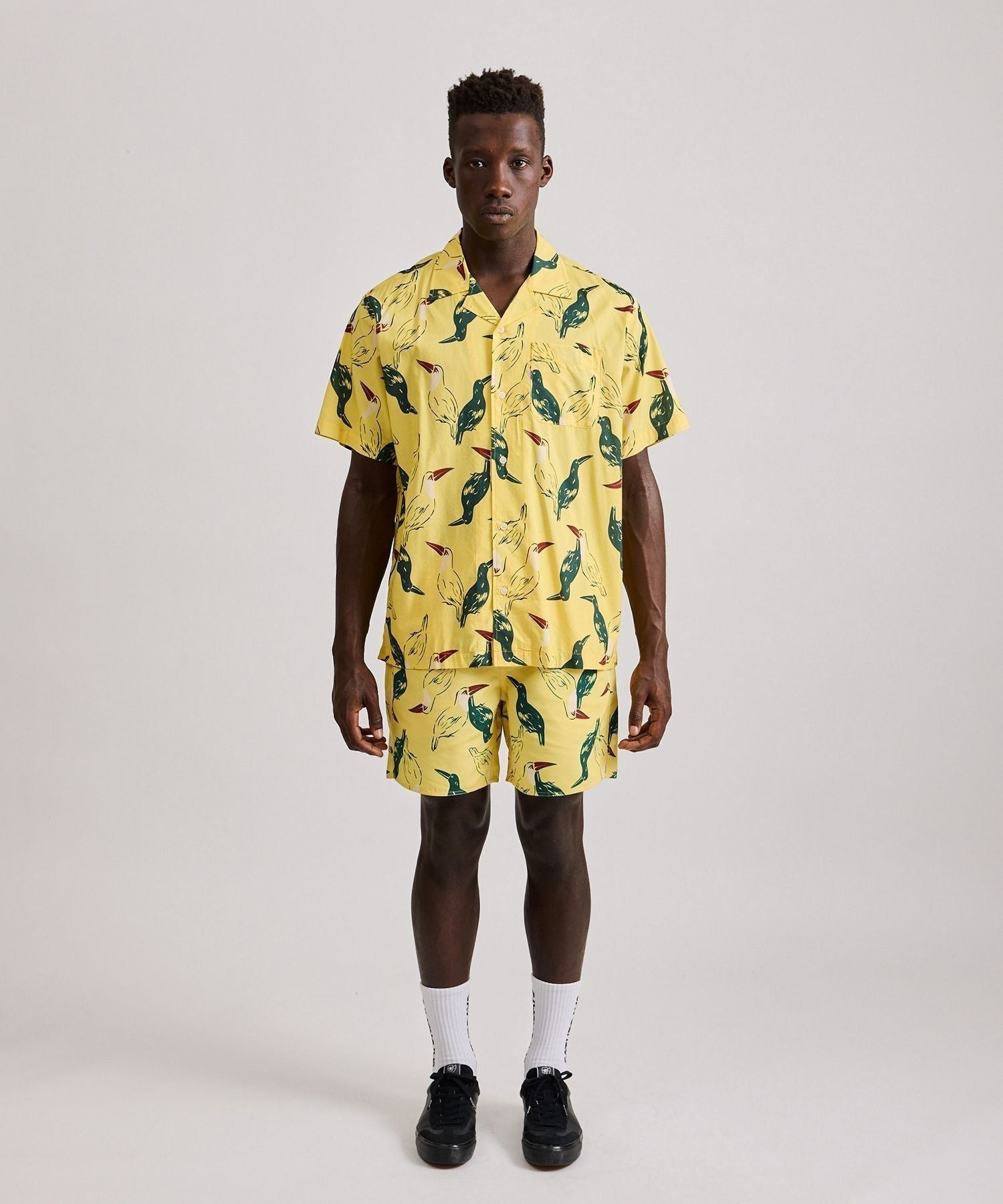 Canty Open Collar Bird Printed SS Shirt