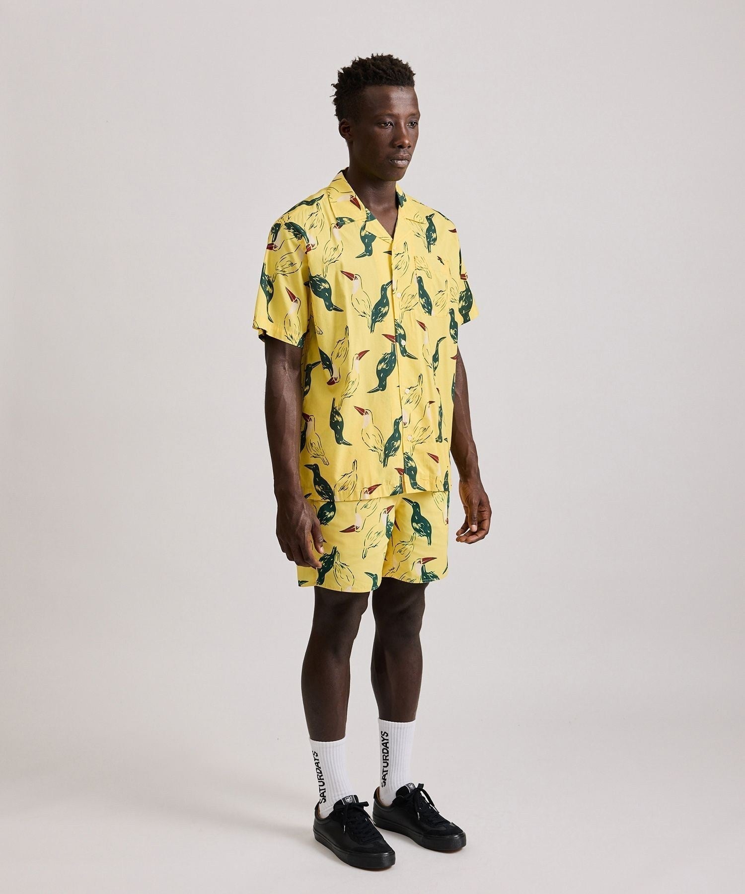 Canty Open Collar Bird Printed SS Shirt