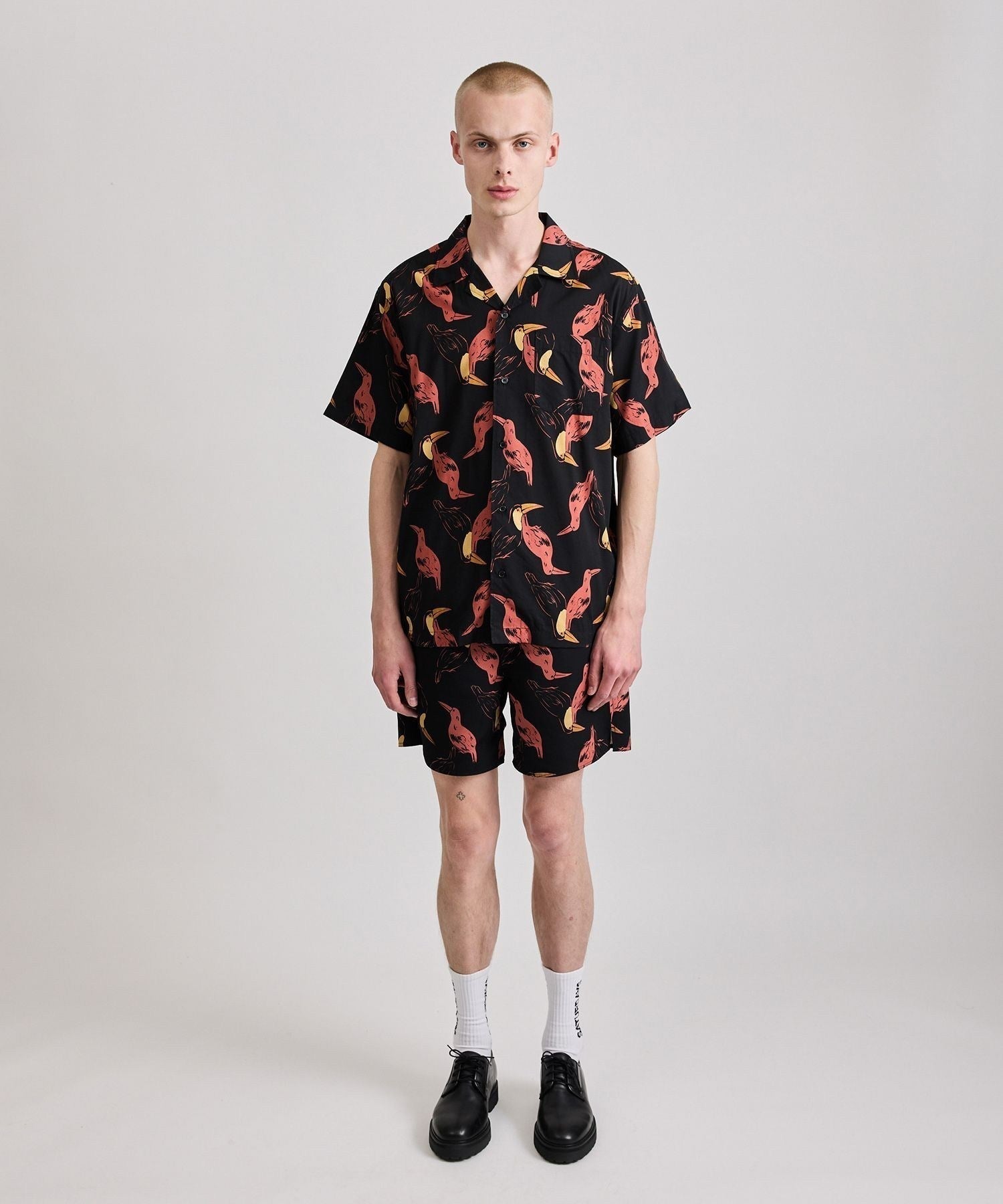 Canty Open Collar Bird Printed SS Shirt