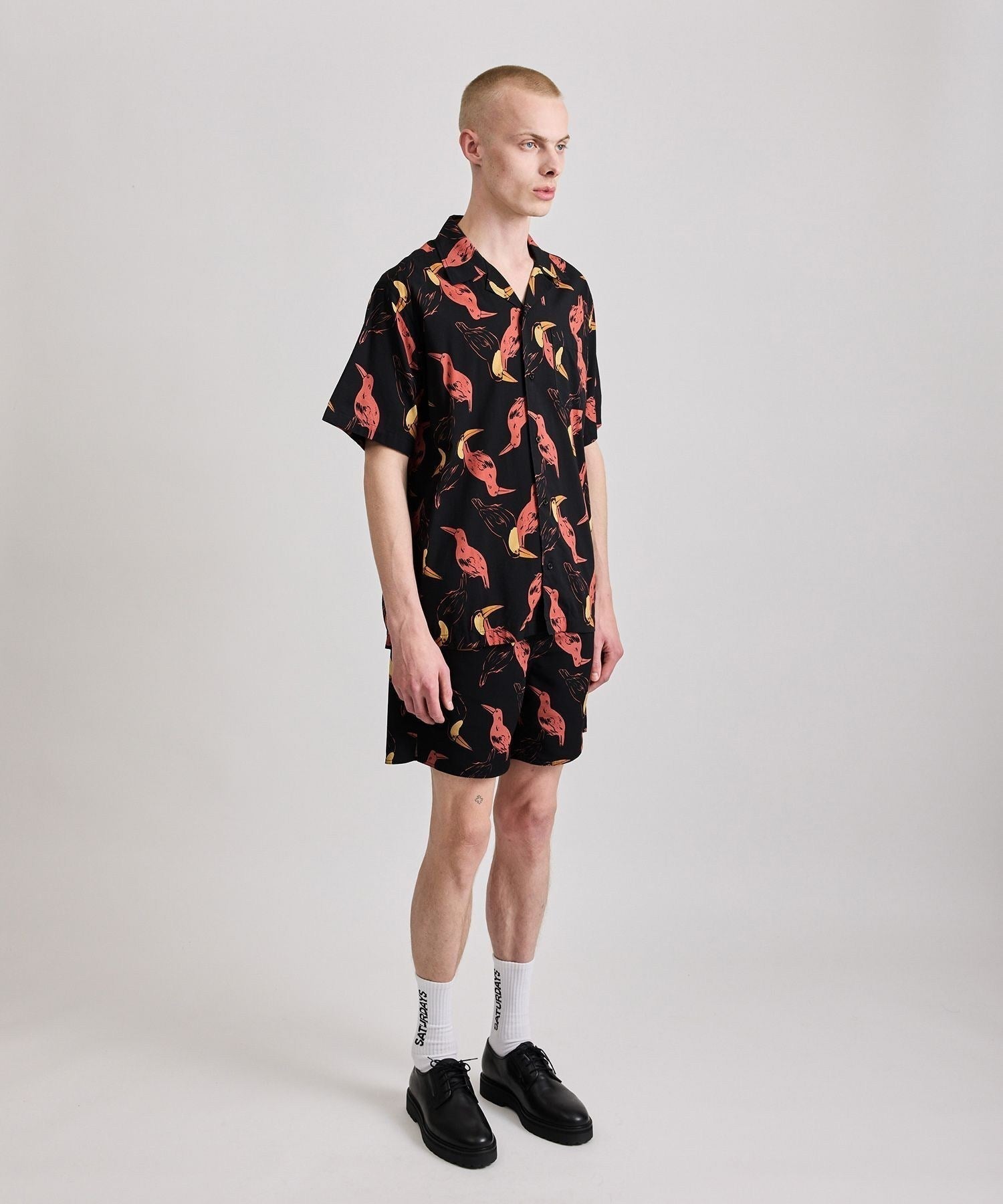 Canty Open Collar Bird Printed SS Shirt