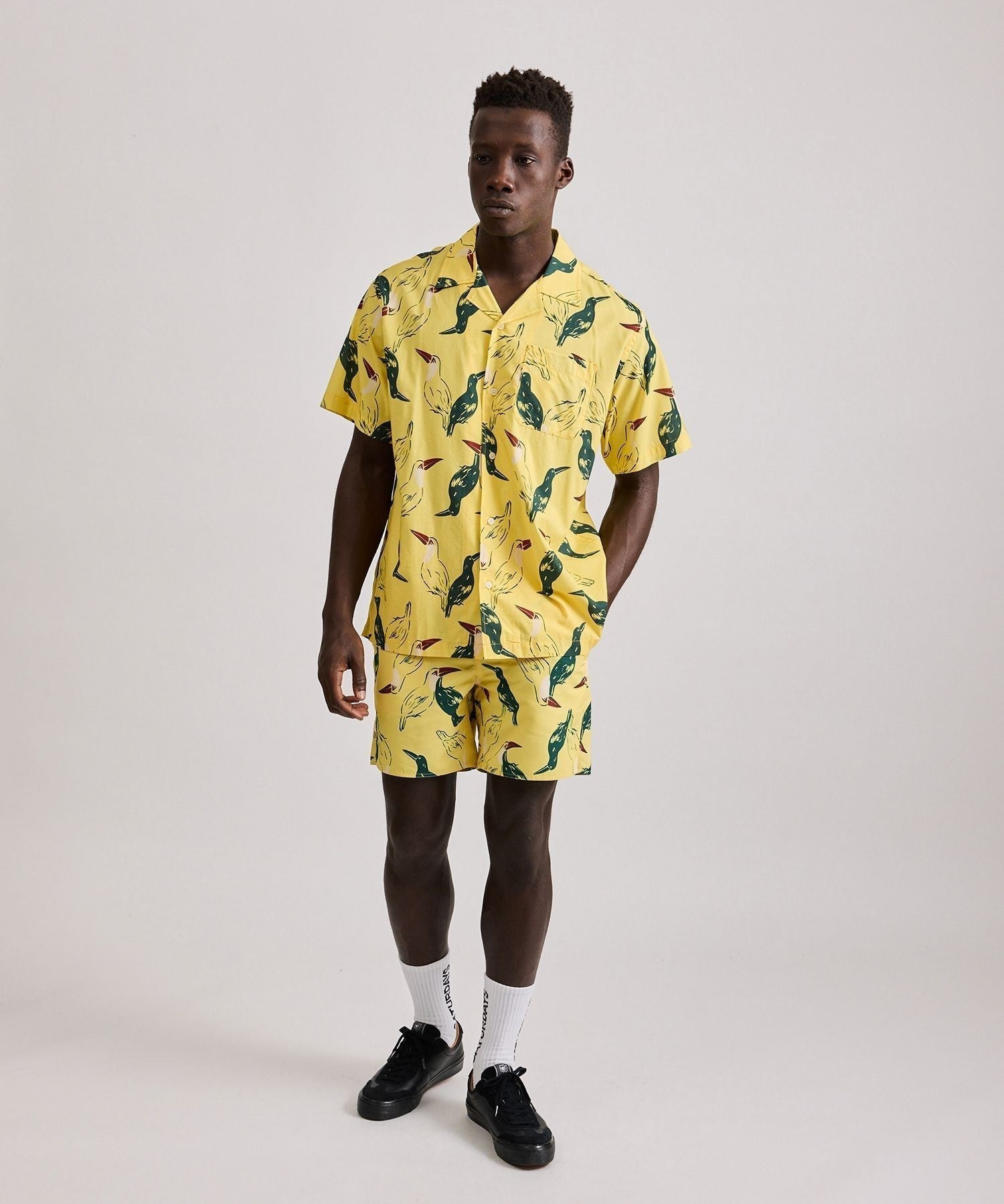 Canty Open Collar Bird Printed SS Shirt