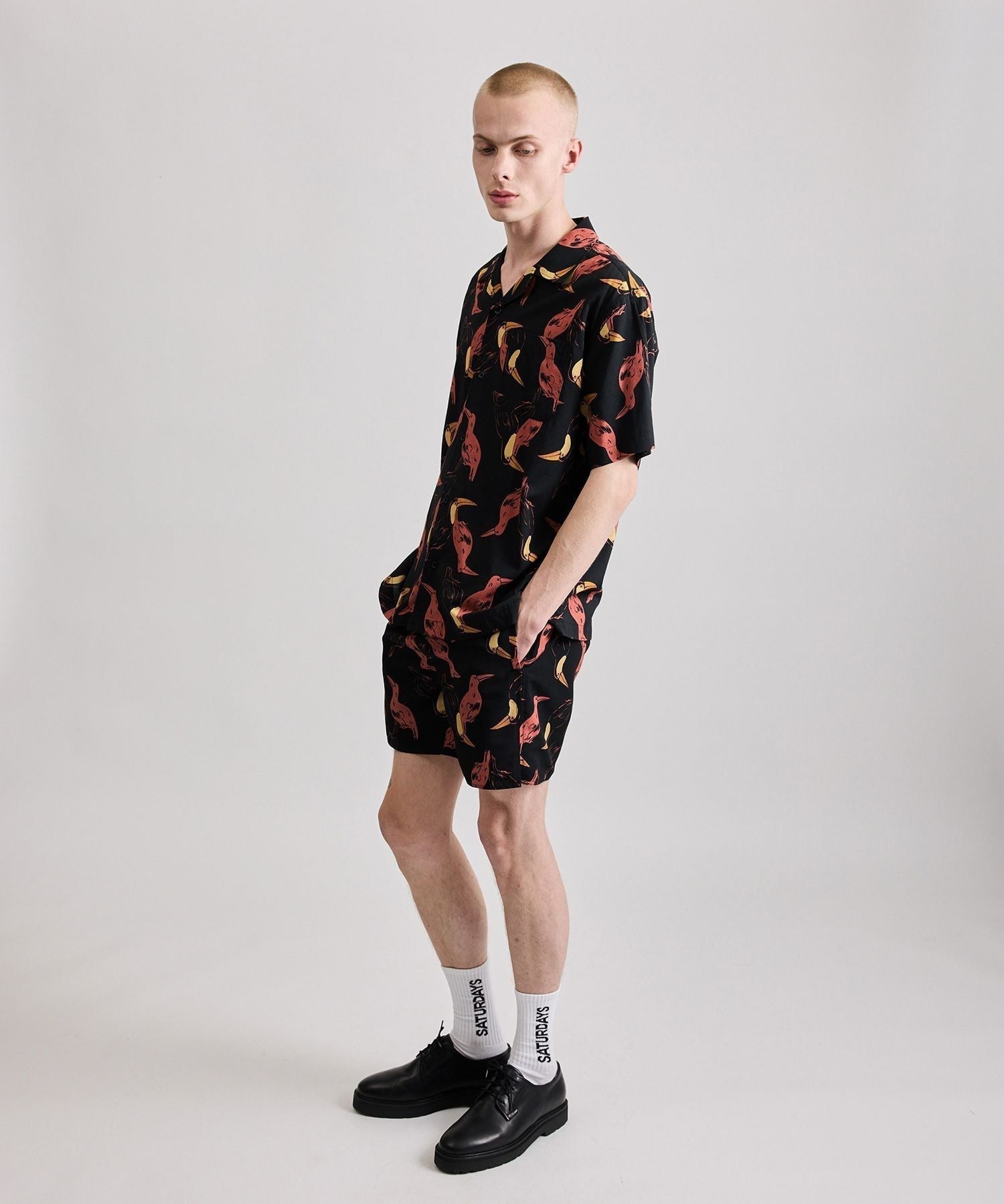 Canty Open Collar Bird Printed SS Shirt