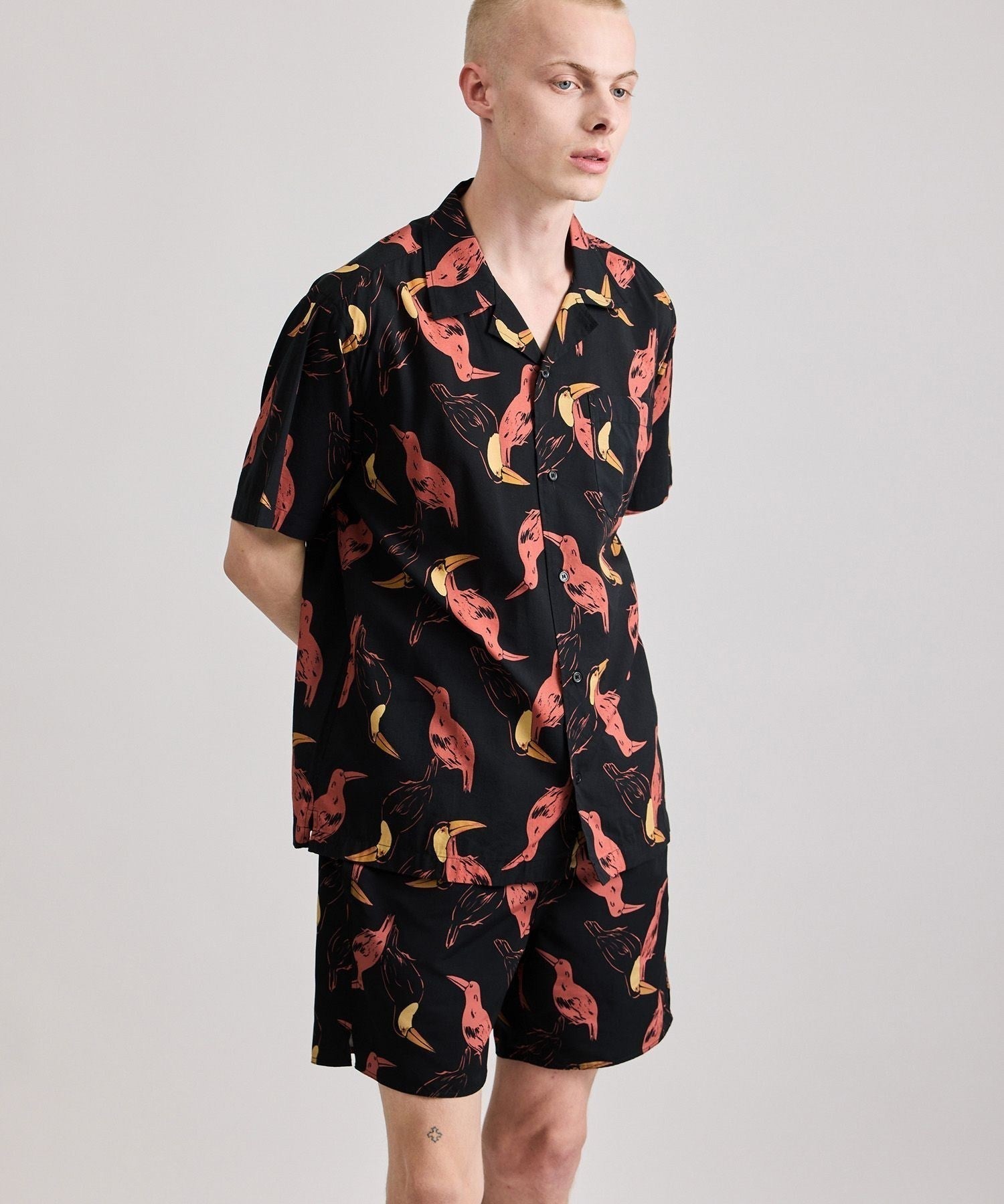 Canty Open Collar Bird Printed SS Shirt
