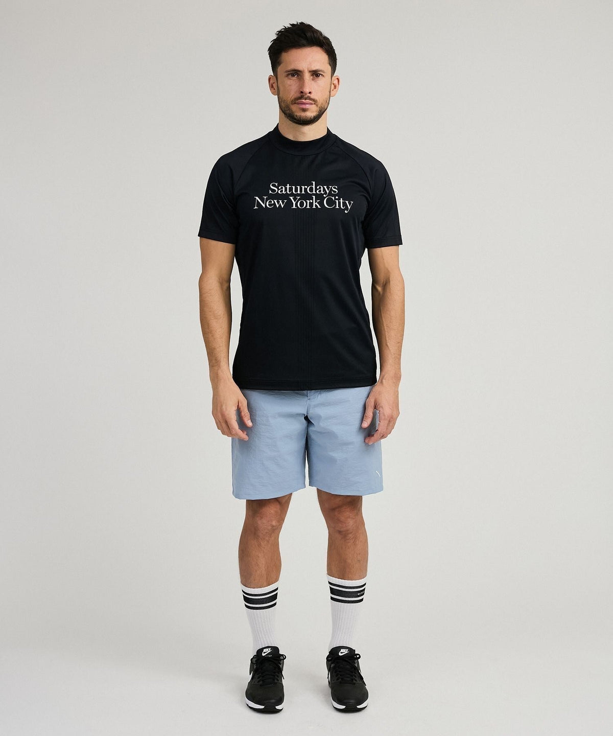 Mesh Jacquard SS Mock Neck