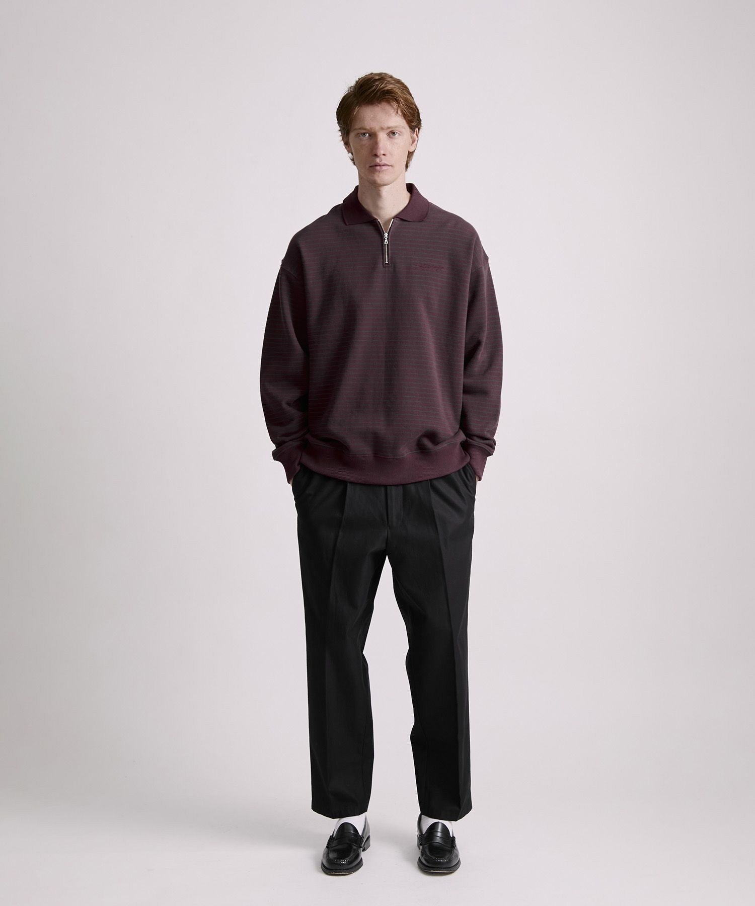 【ワイン（66）】Ryo Stripe Half Zip Polo Sweatshirt Ryo Stripe Half Zip Polo Sweatshirt | Saturdays NYC Japan